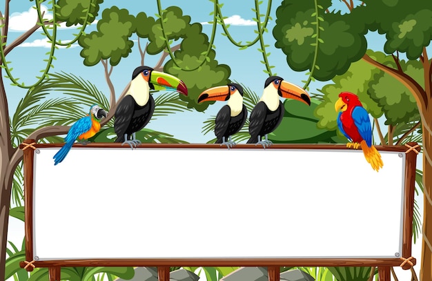 Blank banner in the rainforest scene with wild animals