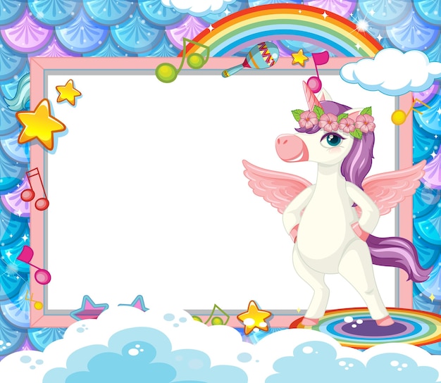 Vettore gratuito banner vuoto con simpatico personaggio dei cartoni animati di unicorno