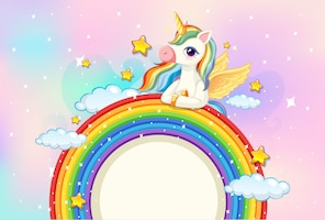 blank banner with cute unicorn on rainbow in the pastel sky background