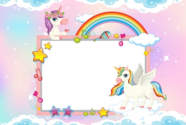 Vettore gratuito banner bianco con unicorno carino sullo sfondo del cielo pastello