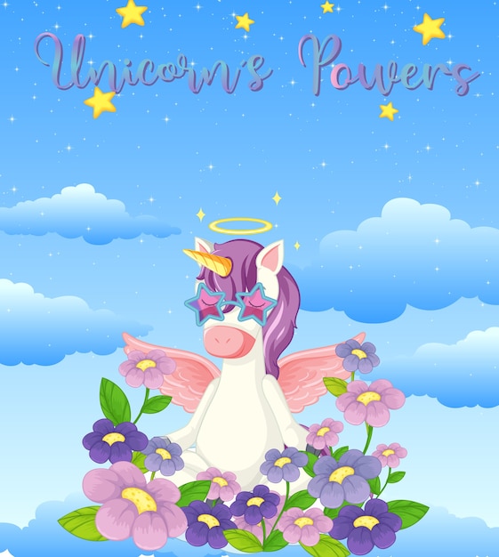 Free vector blank banner with cute unicorn in the pastel sky background