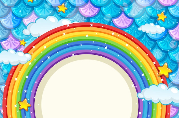 Vettore gratuito banner vuoto con cornice arcobaleno su sfondo di squame di pesce blu