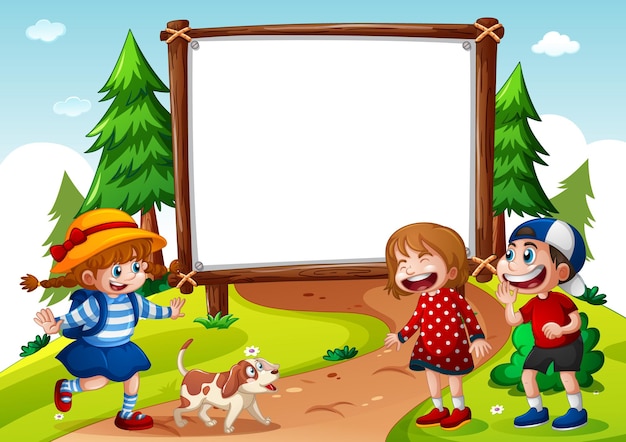 Бесплатное векторное изображение Пустой баннер с тремя детьми на природе