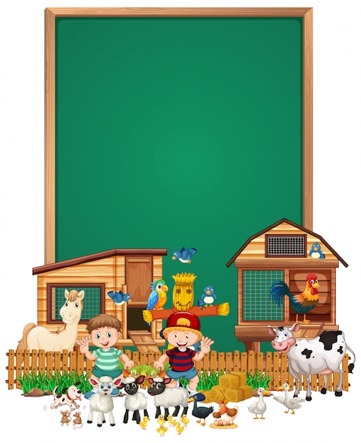 Blank board with animal farm set isolated