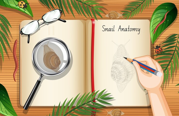 Free Vector blank book page on office work table top view with leaves and snail element
