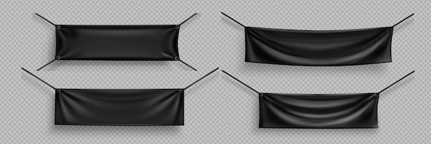 無料ベクター 空白のキャンバス バナー モックアップ水平布フラグ繊維シート ロープにぶら下がっている透明な背景ベクトル現実的なセットに分離された折り目を持つ空の黒い布プラカード