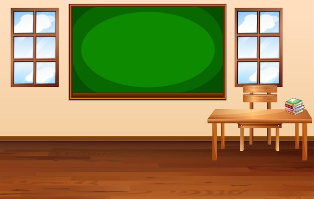 Blank classroom scene with empty chalkboard