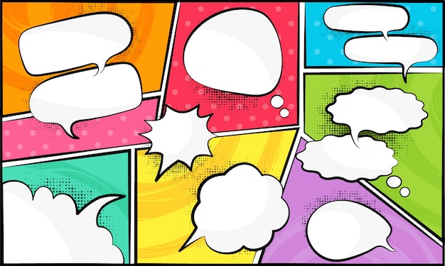 Free vector blank empty white speech bubbles on colorful retro background.