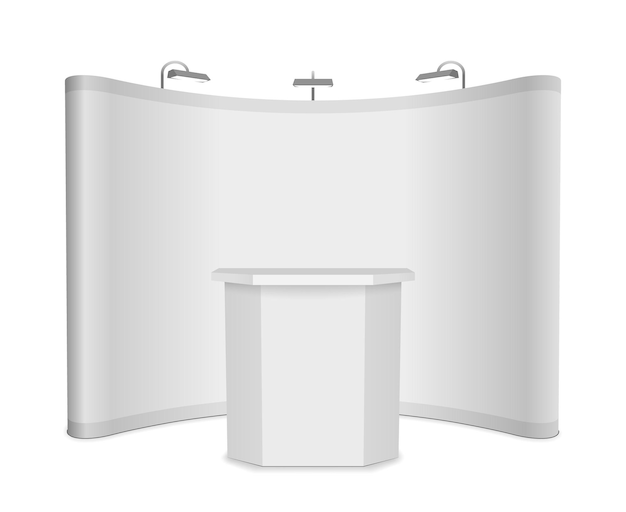 Vettore gratuito stand fieristico in bianco con banner e tavolo su sfondo bianco.