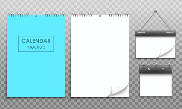 Бесплатное векторное изображение Пустой висячий настенный спиральный макет календаря с синими и белыми страницами реалистичный набор изолирован на прозрачном фоне векторной иллюстрации
