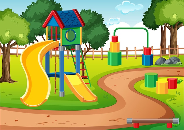 Parco giochi per bambini vuoto con scivoli nella scena