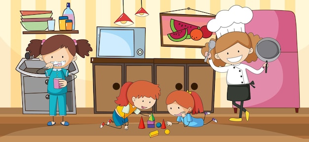 Пустая кухонная сцена со многими детьми каракули мультипликационного персонажа