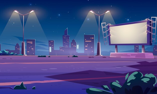 blank large billboard on street in town at night. cartoon cityscape with empty road, street lights and white advertising bigboard with lamps. big marketing poster
