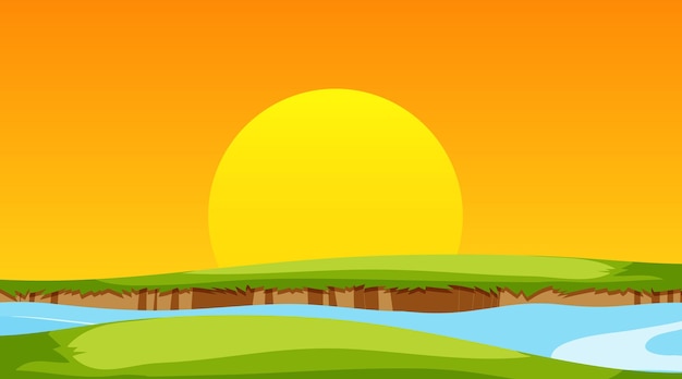 Free vector blank meadow landscape and river at sunset time scene