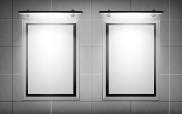Free Vector blank movie posters illuminated by spotlights