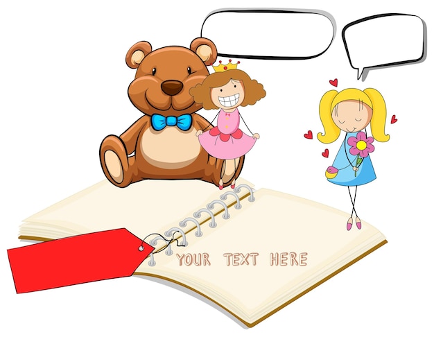 Blank notebook with two girls and teddybear background