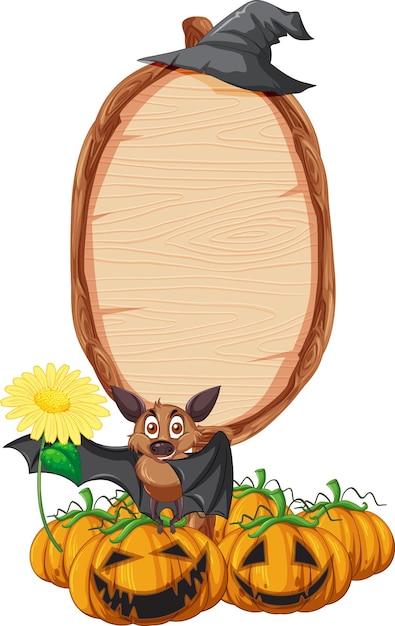 Blank oval wooden signboard with bat in halloween theme