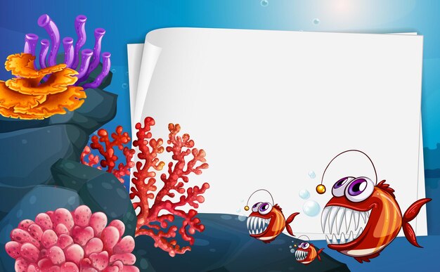 Чистый лист бумаги баннер с рыбой-удильщиком и элементами подводной природы на подводном фоне