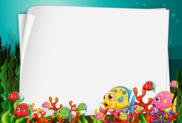 Blank paper banner with exotic fish and undersea nature elements on the underwater background