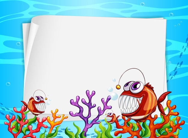 Free vector blank paper banner with exotic fish and undersea nature elements on the underwater background