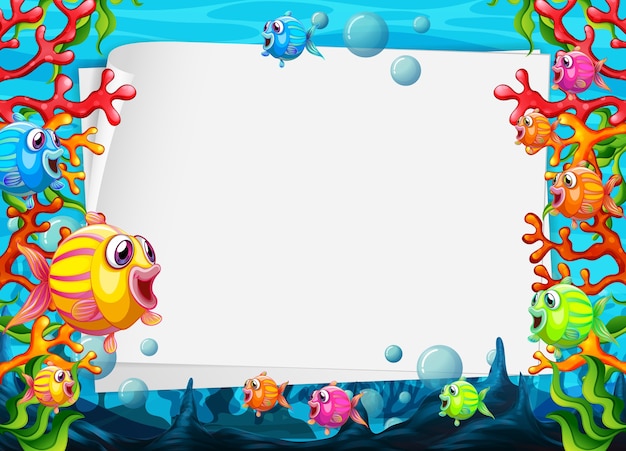 수중 장면에서 다채로운 이국적인 물고기 만화 캐릭터와 함께 빈 종이 시트