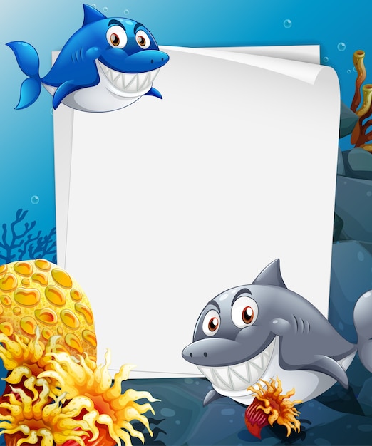 Free vector blank paper sheet with many sharks cartoon character in the underwater scene