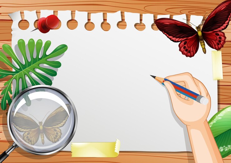 Free Vector blank paper on the table top view with leaves and butterfly elements