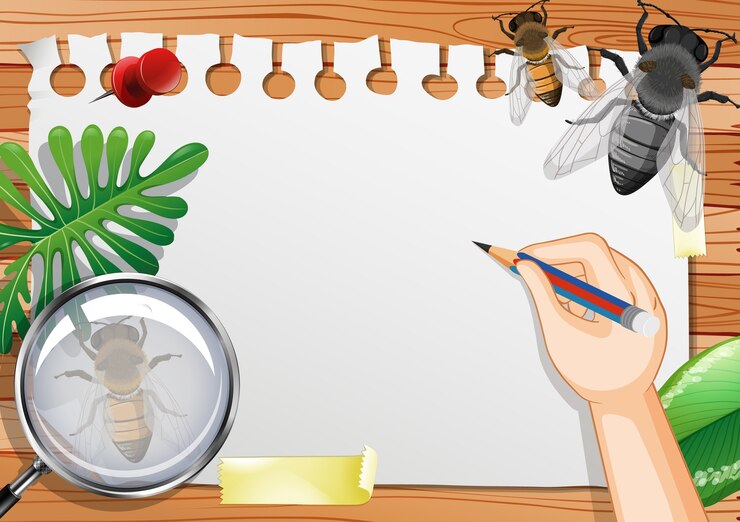 Free Vector blank paper on the table top view with leaves and insects elements