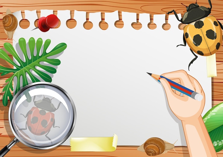 Free Vector blank paper on the table top view with leaves and ladybug elements