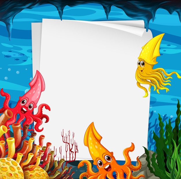 Free vector blank paper template with many squids cartoon character in the underwater scene