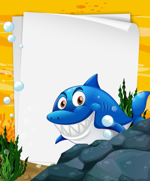 Blank paper template with a shark cartoon character in the underwater scene