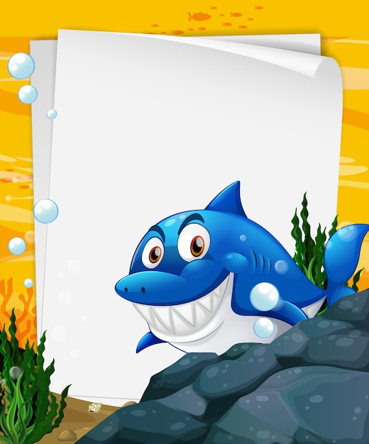 Шаблон чистого листа бумаги с персонажем мультфильма акула в подводной сцене
