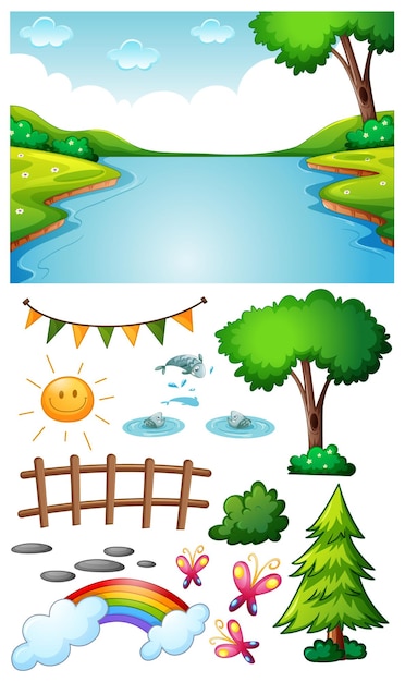 Scena vuota del fiume con il personaggio dei cartoni animati e gli oggetti isolati