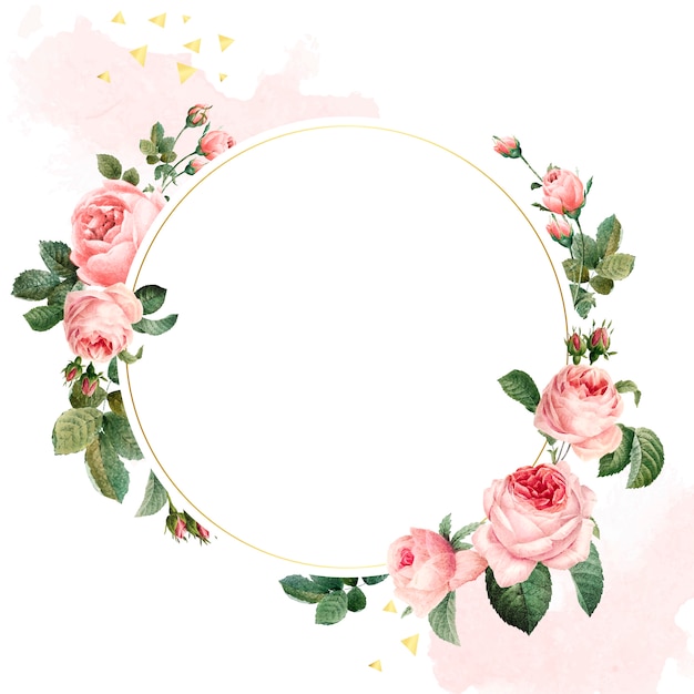 Blank round pink roses frame vector 