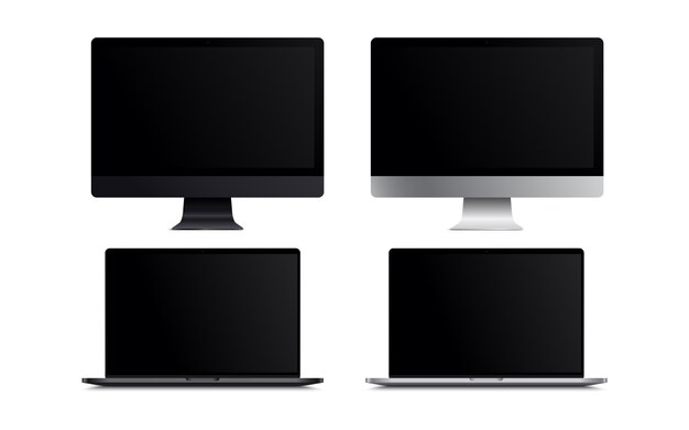 ラップトップコンピューターのリアルなイラストが白い背景で隔離 デスクトップはコンピューターモニターのモックアップです プレミアムベクター