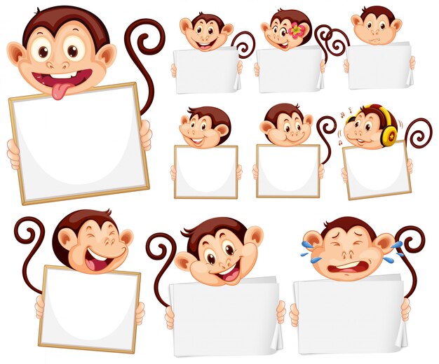 Blank sign template with cute monkeys on white background