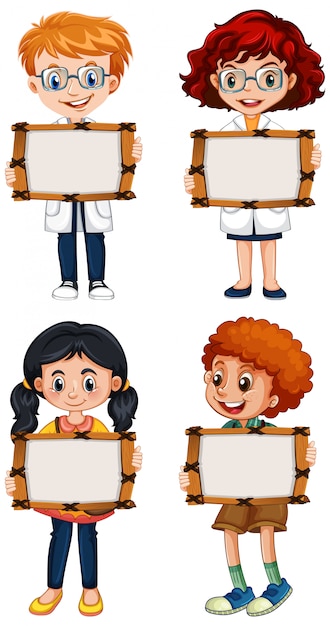 Free vector blank sign template with happy children on white background