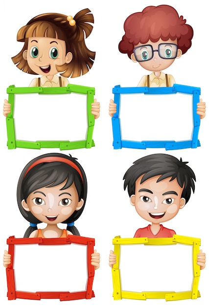 Blank sign template with happy children on white background