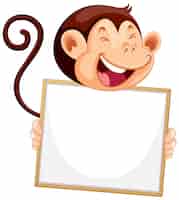 Free vector blank sign template with happy monkey on white background