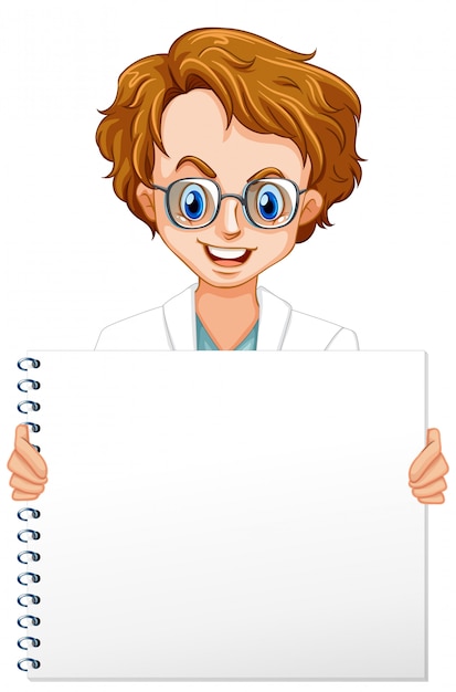 Blank sign template with male scientist on white background