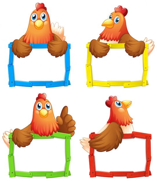 Free vector blank sign template with many chickens on white background