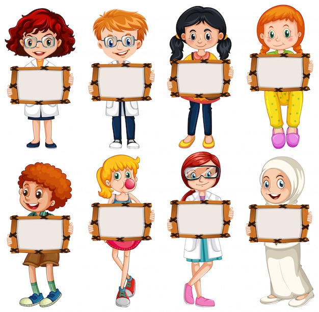 Free vector blank sign template with many children on white background