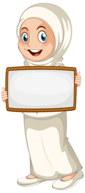 Blank sign template with muslim girl on white background