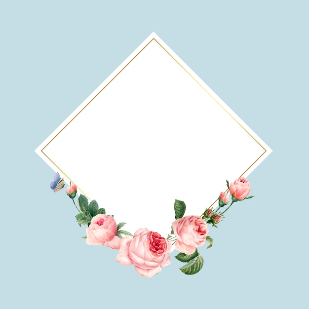 青い背景に空白の四角いピンクのバラのフレーム