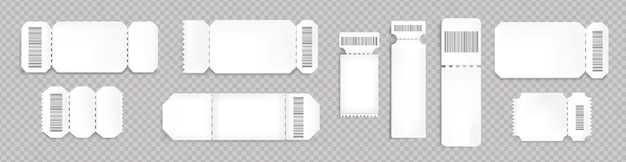 Free vector blank tickets mockup with barcode and dotted line. empty templates for concert, movie theater and transport boarding. white lottery coupons isolated on transparent background, realistic 3d vector set