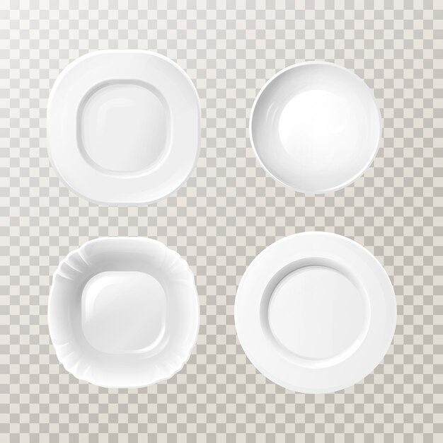 blank white ceramic plates mockup set. Realistic porcelain round dishes for dining