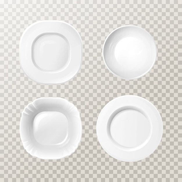 빈 흰색 세라믹 접시 이랑 세트입니다. 식사를위한 현실적인 도자기 둥근 접시