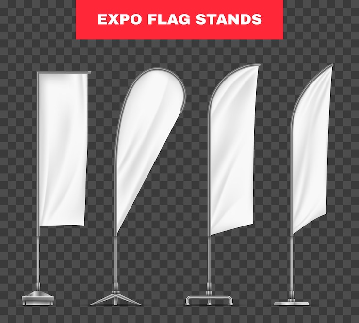 Free Vector blank white expo flags of different shapes on metal stands realistic set isolated on transparent background vector illustration