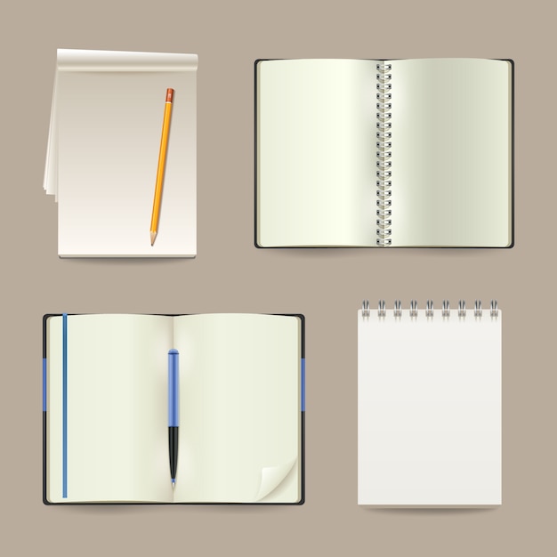Бесплатное векторное изображение Набор пустых белых открытых реалистичных бумажных тетрадей