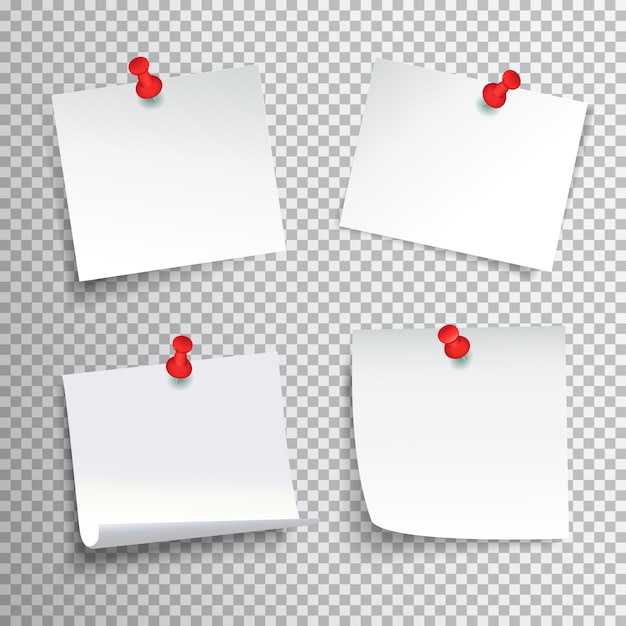 Blank white paper set pinned with red pushpins on transparent background realistic isolated vector illustration